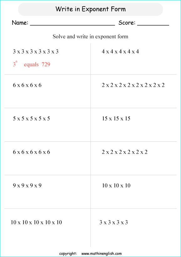 basic exponents math worksheets for grade 1 to 6 