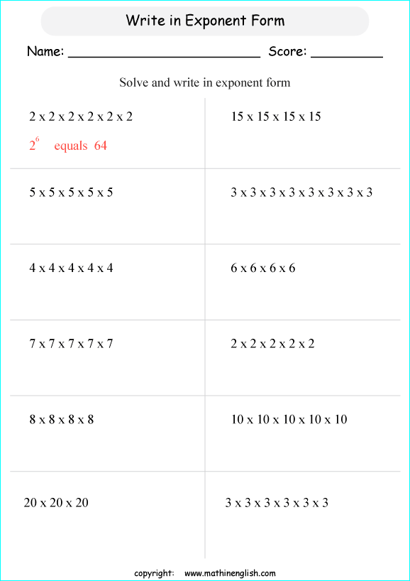 basic exponents math worksheets for grade 1 to 6 