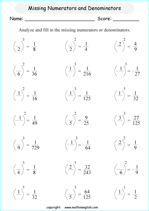  exponents of fractions and decimals math worksheets for grade 1 to 6 