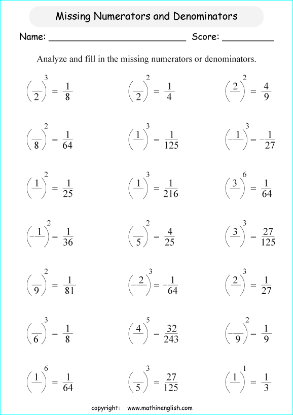  exponents of fractions and decimals math worksheets for grade 1 to 6 