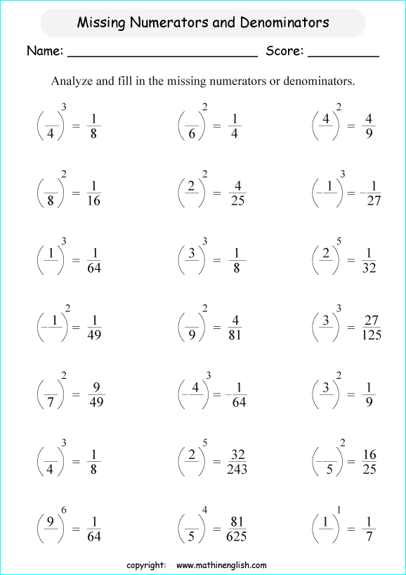 printable fraction exponents worksheets for kids in primary and elementary math class 