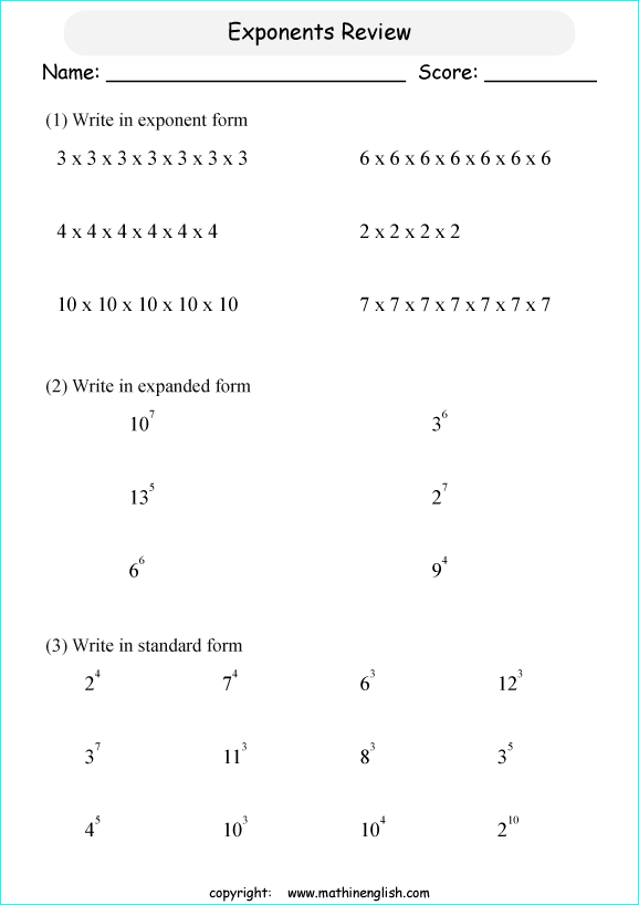 basic exponents math worksheets for grade 1 to 6 