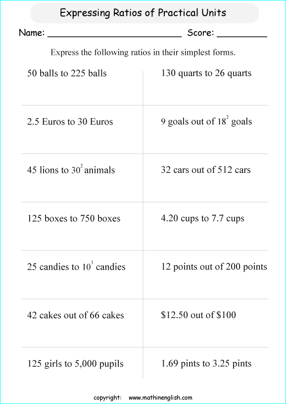 finding ratios math worksheets for grade 1 to 6 