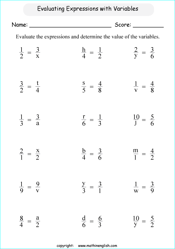 evaluating algebraic expressions worksheets for primary math