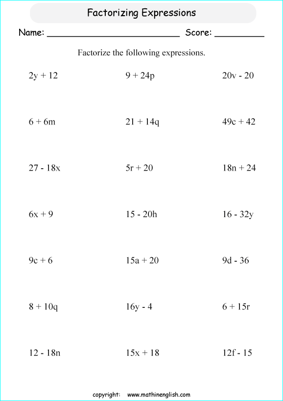 symplifying algebraic expressions worksheets for primary math