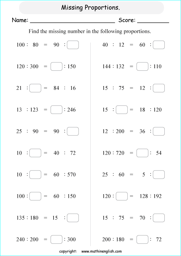 calculating proportions math worksheets for grade 1 to 6 