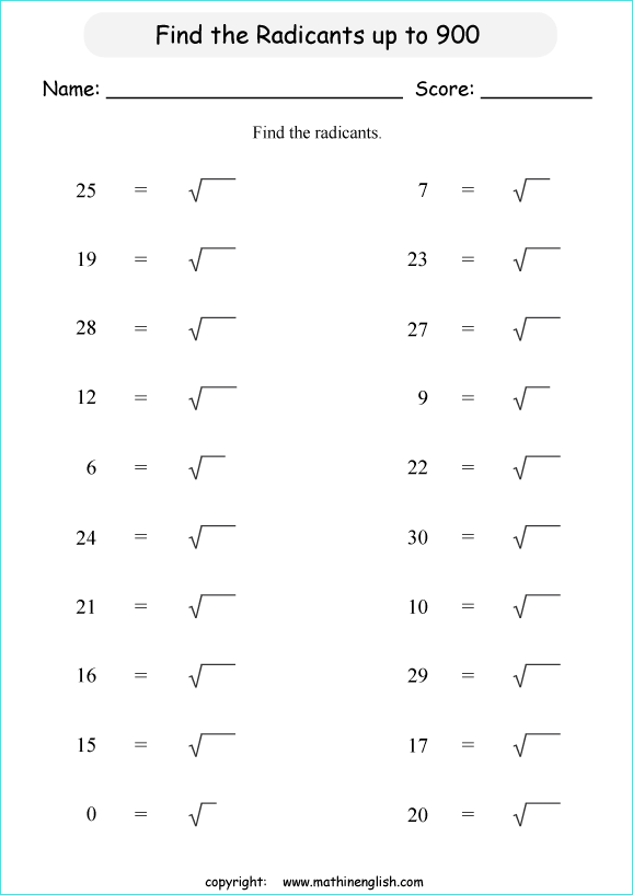 finding square roots math worksheets for grade 1 to 6 