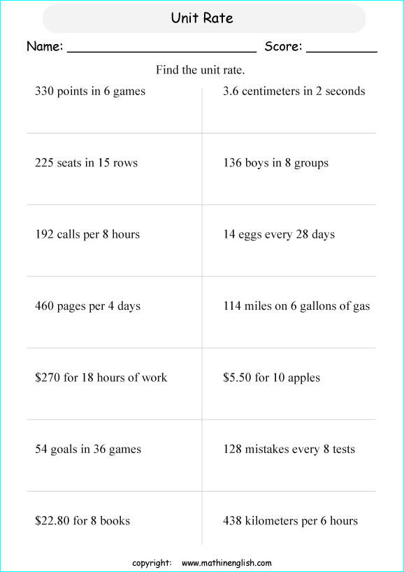 Animals math worksheets unit rates