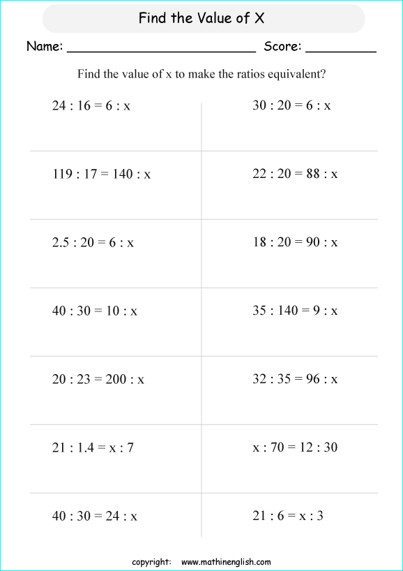 equivalent ratios math worksheets for grade 1 to 6 