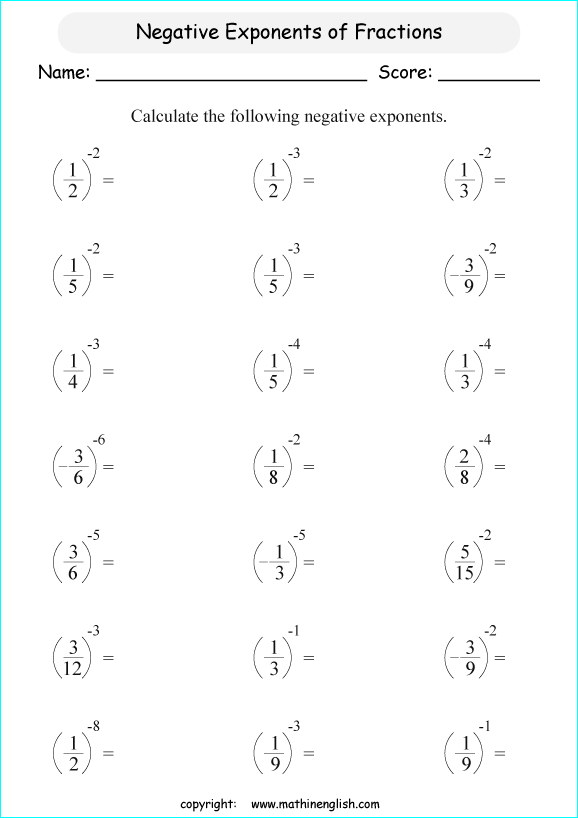  exponents of negative numbers math worksheets for grade 1 to 6 