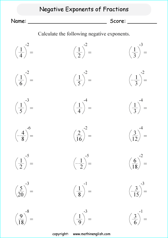 printable fraction exponents worksheets for kids in primary and elementary math class 