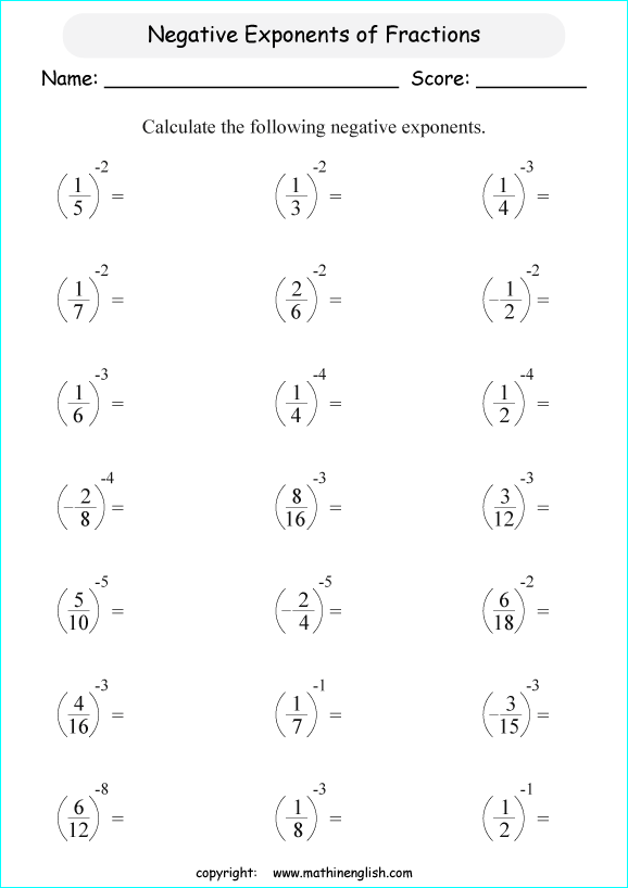 printable fraction exponents worksheets for kids in primary and elementary math class 