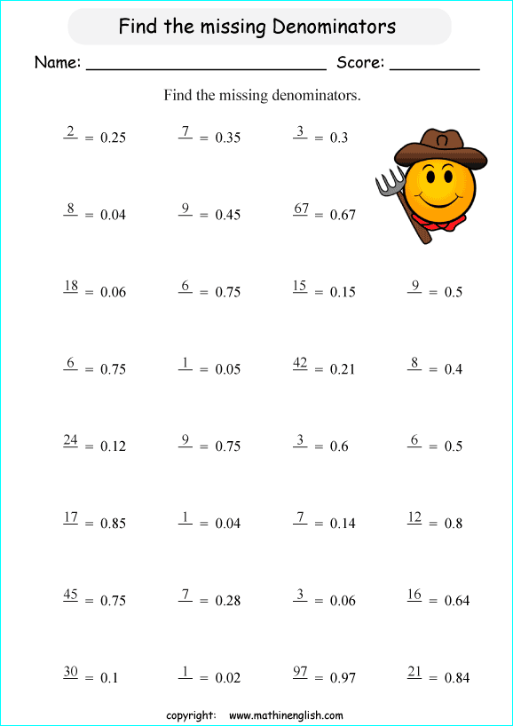 printable fraction conversion in decimals worksheets for kids in primary and elementary math class 