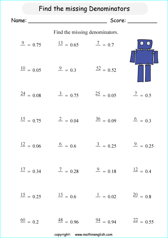 printable fraction conversion in decimals worksheets for kids in primary and elementary math class 