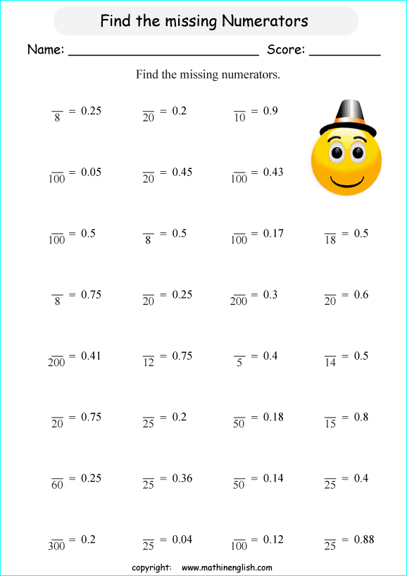 printable fraction conversion in decimals worksheets for kids in primary and elementary math class 