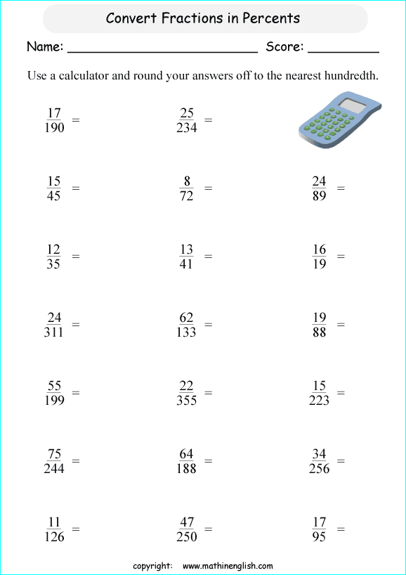 printable fraction conversion in percents worksheets for kids in primary and elementary math class 