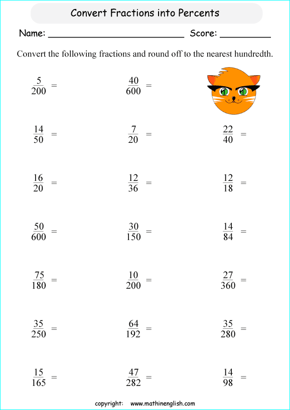 printable fraction conversion in percents worksheets for kids in primary and elementary math class 