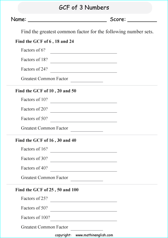 greatest common factor math worksheets for grade 1 to 6 