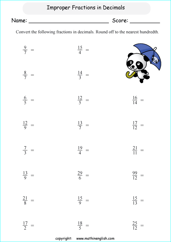 printable fraction conversion in decimals worksheets for kids in primary and elementary math class 