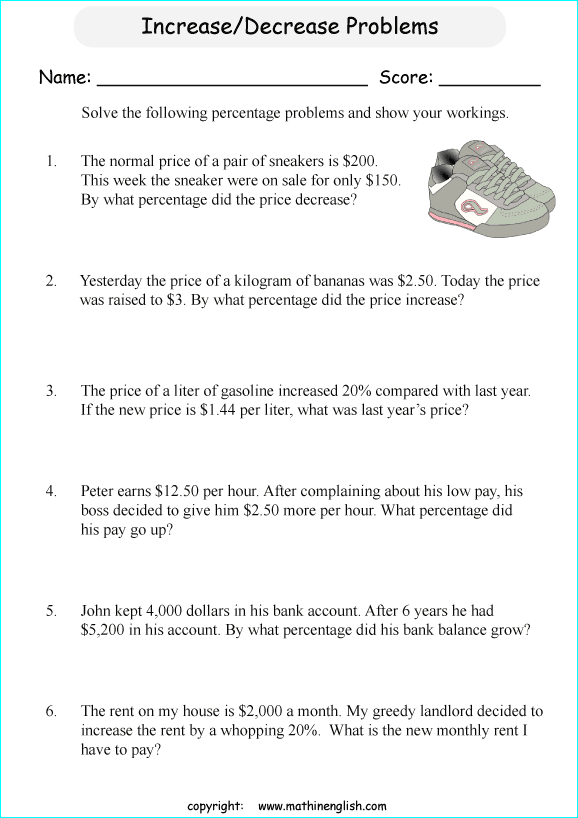 percentage increasing decreasing math worksheets for grade 1 to 6 