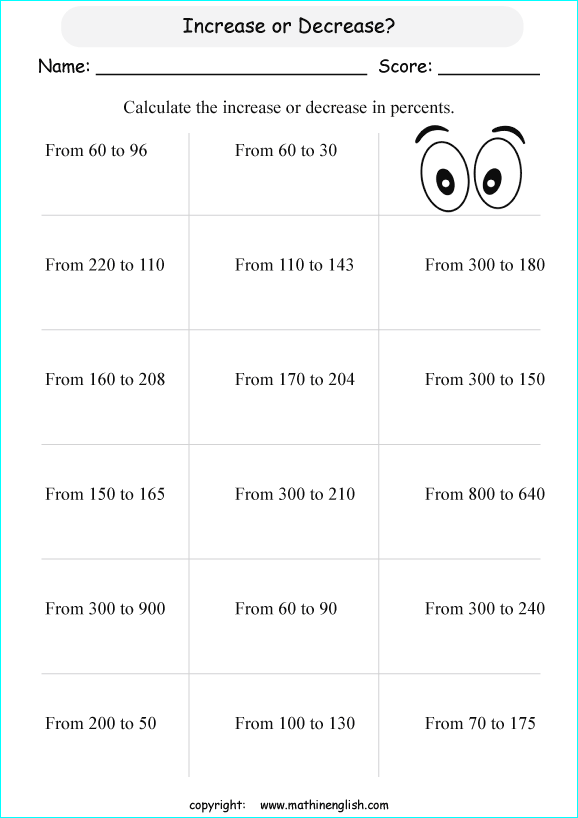 percentage increasing decreasing math worksheets for grade 1 to 6 