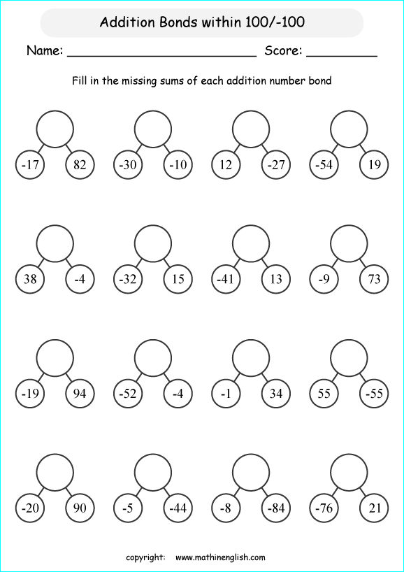 addition subtraction of integers worksheets for primary math