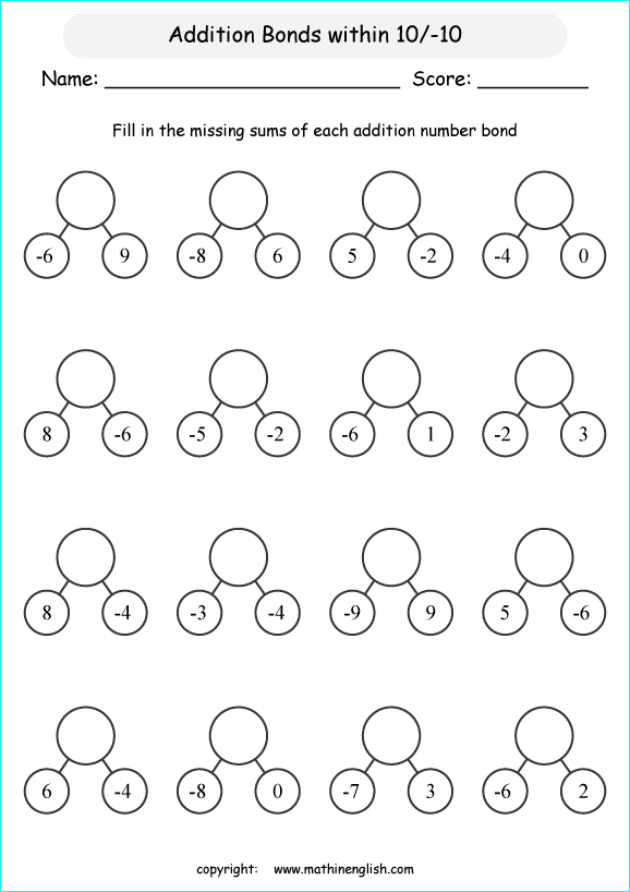 addition subtraction of integers worksheets for primary math