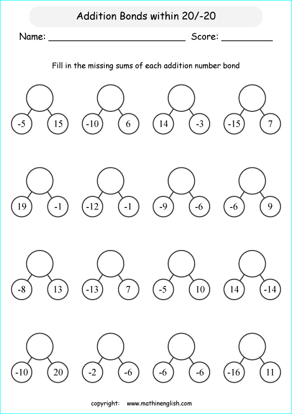 addition subtraction of integers worksheets for primary math