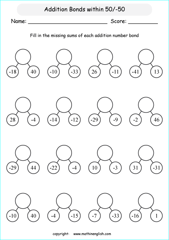 addition subtraction of integers worksheets for primary math