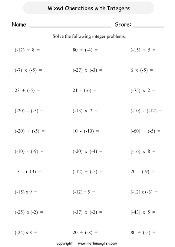 mixed operation with integers worksheets for primary math