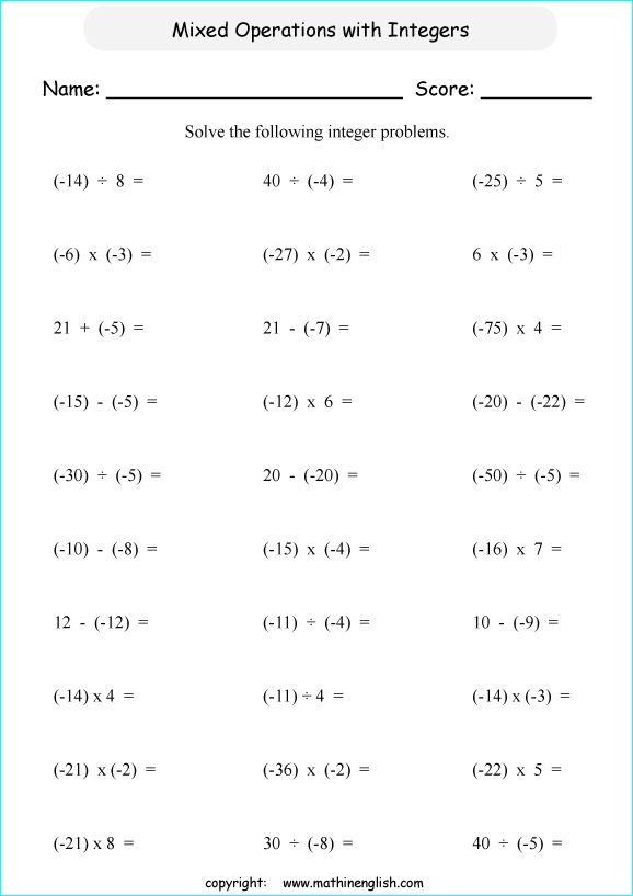 mixed operation with integers worksheets for primary math