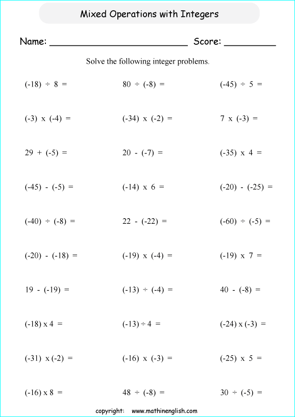 mixed operation with integers worksheets for primary math