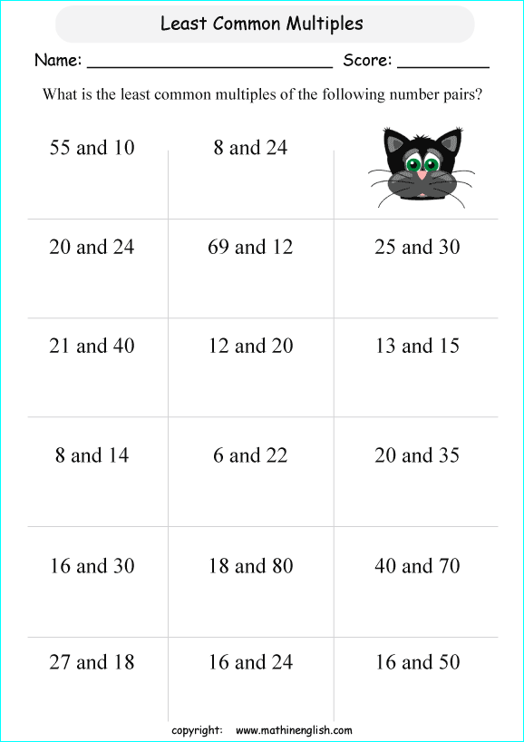 least common multiple LCM math worksheets for grade 1 to 6 