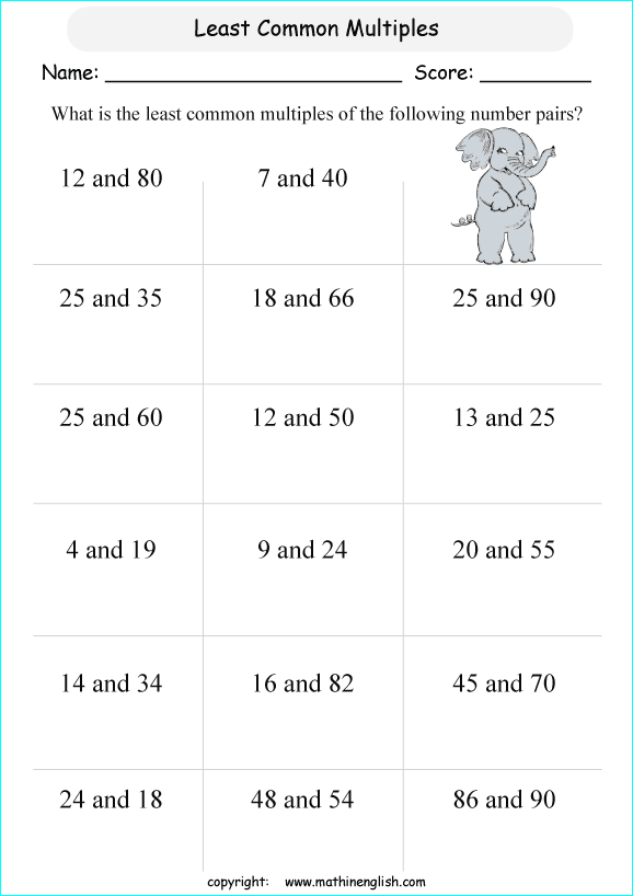 least common multiple LCM math worksheets for grade 1 to 6 