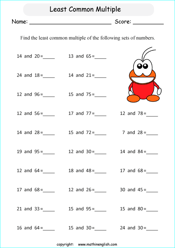 least common multiple LCM math worksheets for grade 1 to 6 