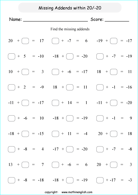 printable math integer subtraction worksheets for kids in primary and elementary math class 