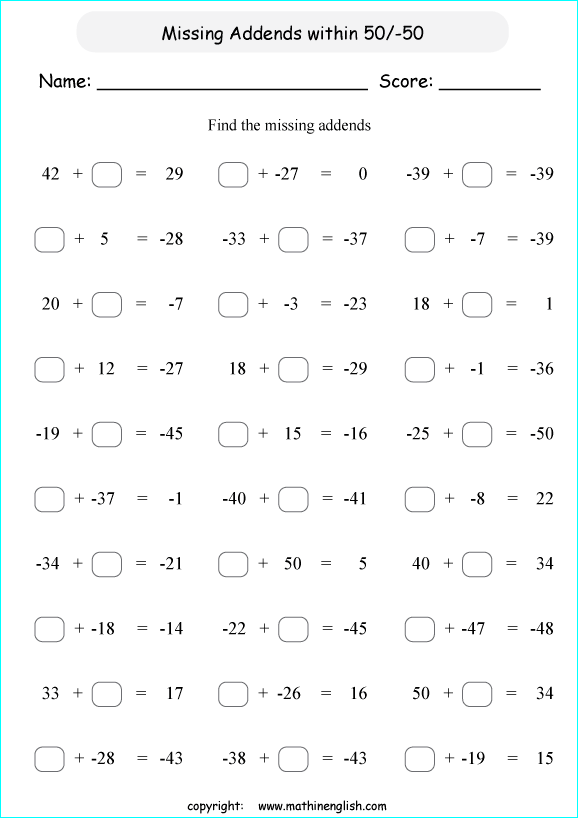 addition subtraction of integers worksheets for primary math