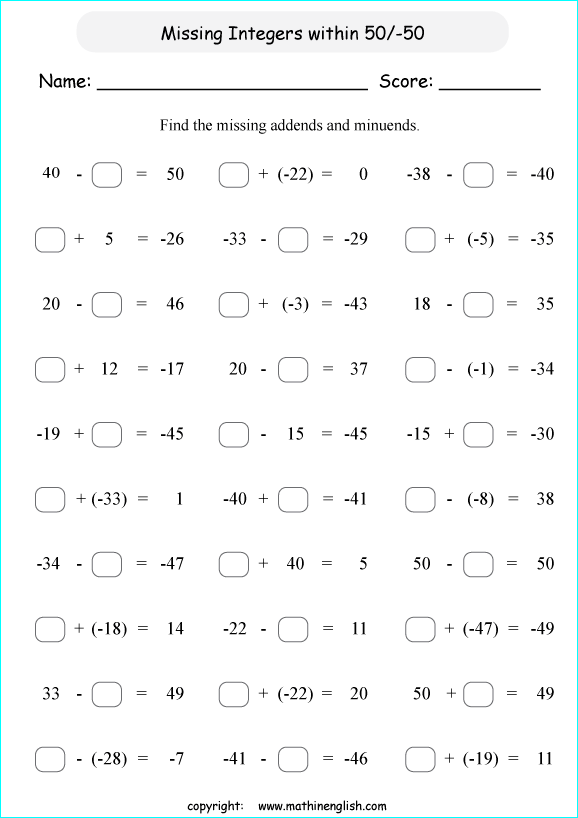 addition subtraction of integers worksheets for primary math