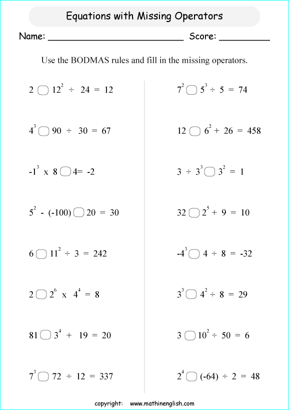 operations with exponents math worksheets for grade 1 to 6 