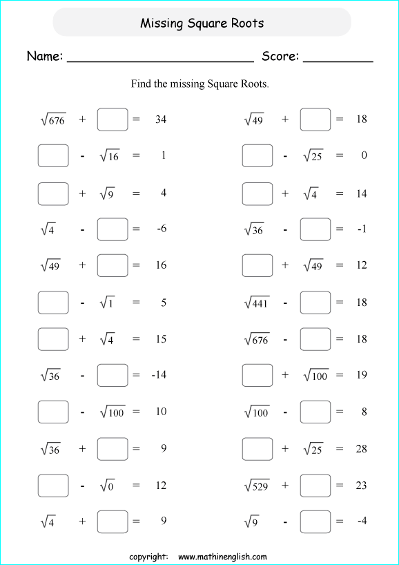 adding and subtracting square roots math worksheets for grade 1 to 6 