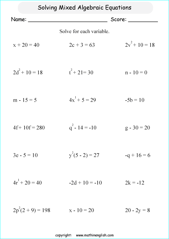 solving algebraic expressions worksheets for primary math