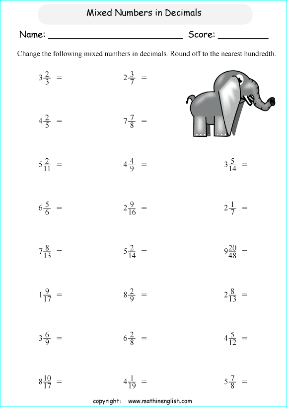 decimal into fractions worksheets for grade 1 to 6 