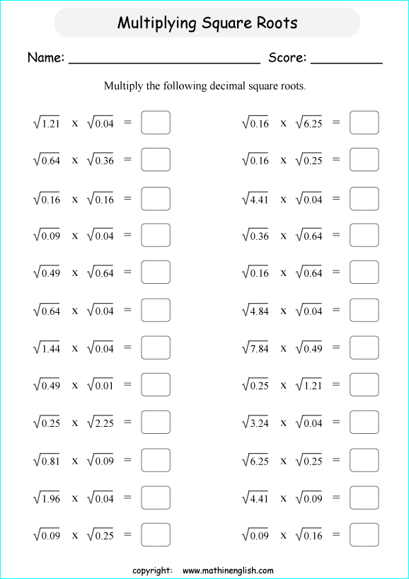 square roots of decimals math worksheets for grade 1 to 6 