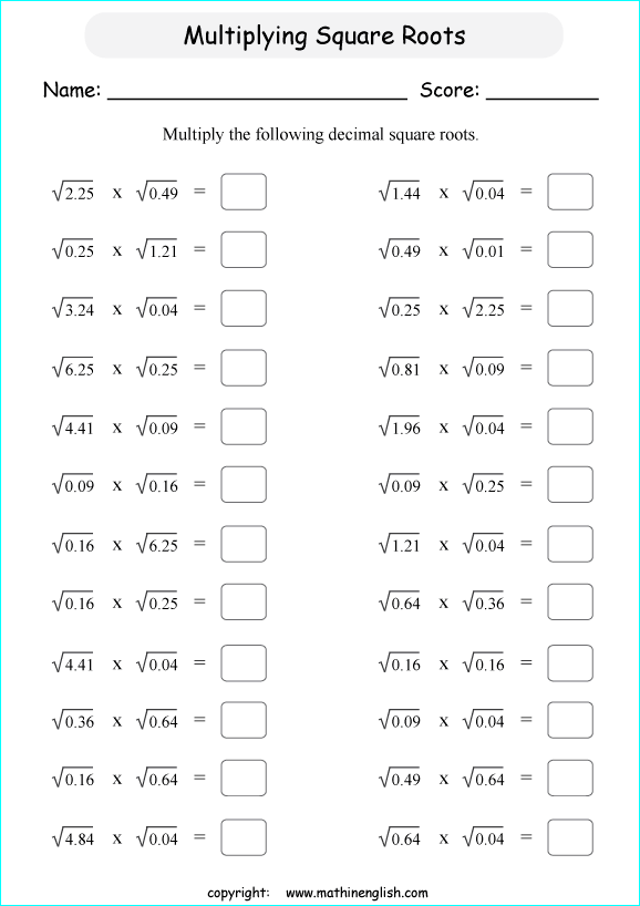 square roots of decimals math worksheets for grade 1 to 6 