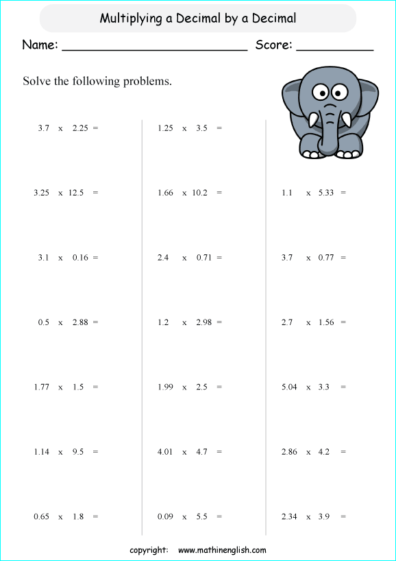 multiplying decimals grade 1 to 6 printable  worksheets 