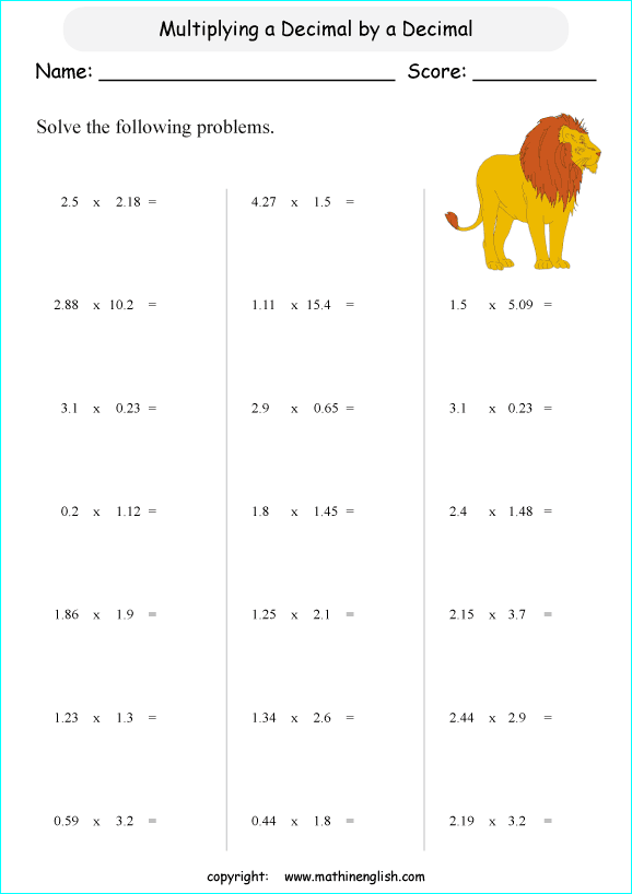 multiplying decimals grade 1 to 6 printable  worksheets 