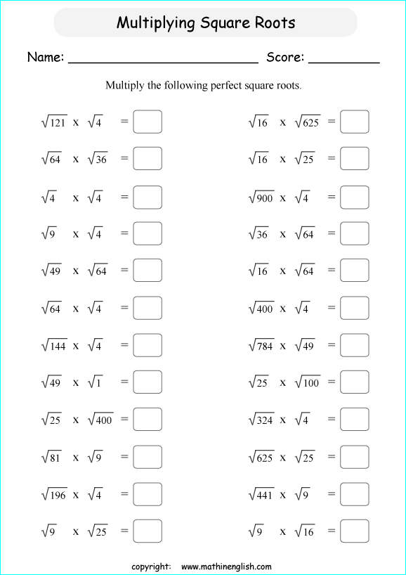 multiplying and dividing square roots math worksheets for grade 1 to 6 