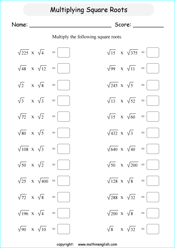 printable math multiplication of square roots worksheets for kids in primary and elementary math class 