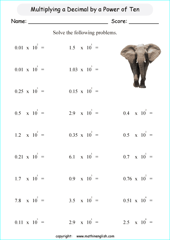 Powers Of 10 Multiplication Decimal Worksheets