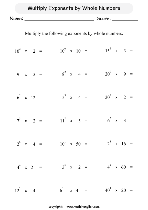 operations with exponents math worksheets for grade 1 to 6 